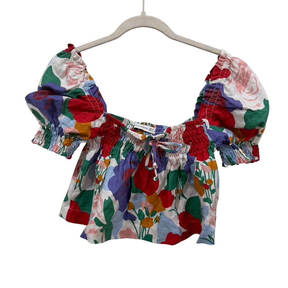 Faithfull The Brand Multi Color Floral Linen Puff Sleeve Crop Top‎ USA 6 Medium